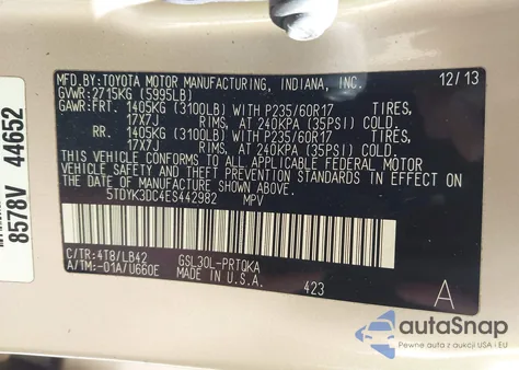 2014 Toyota Sienna Xle V6 8 Passenger из США, поврежденный, VIN 5TDYK3DC4ES442982